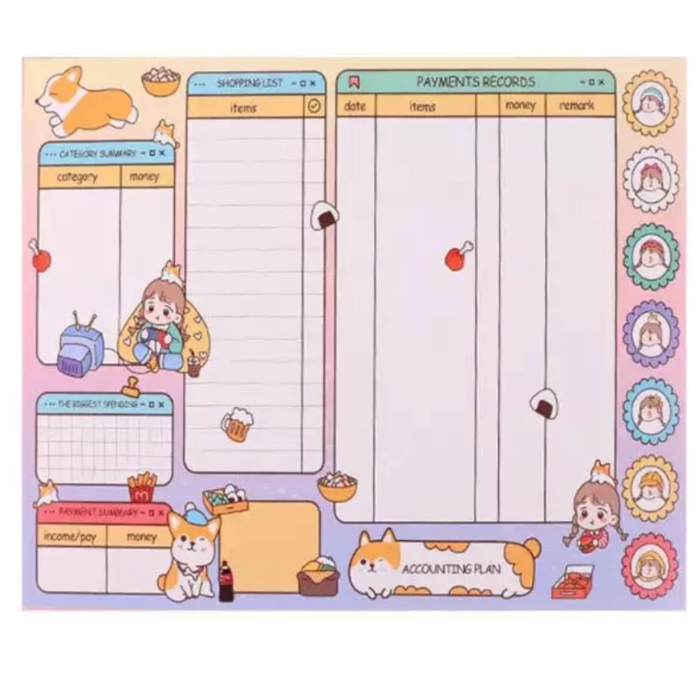 Shopping list memo pad planner payment records